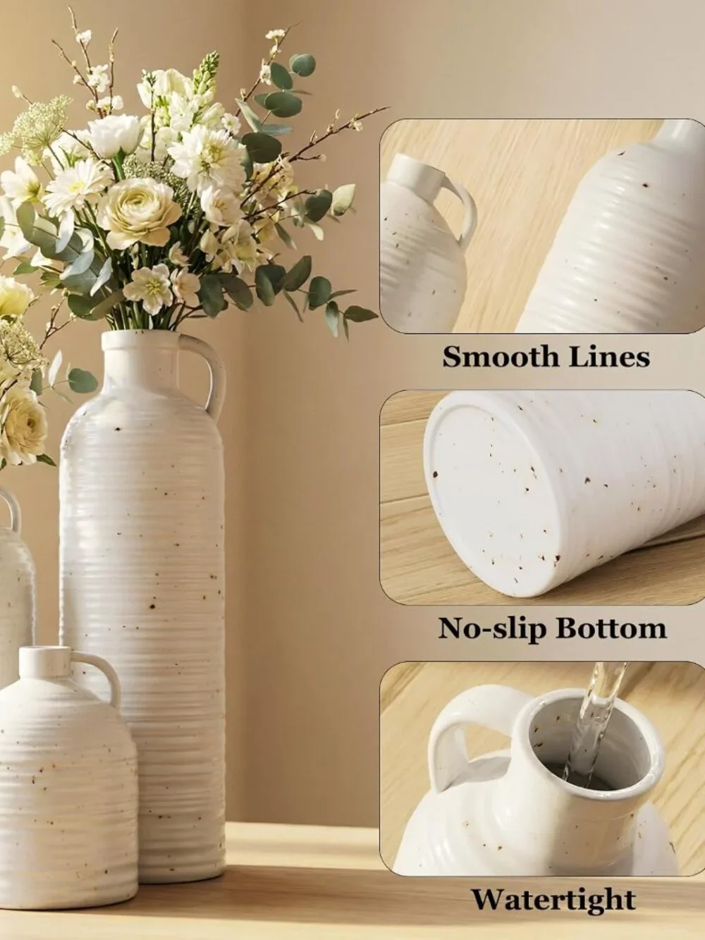 3-Piece Farmhouse Ceramic Vase Set White